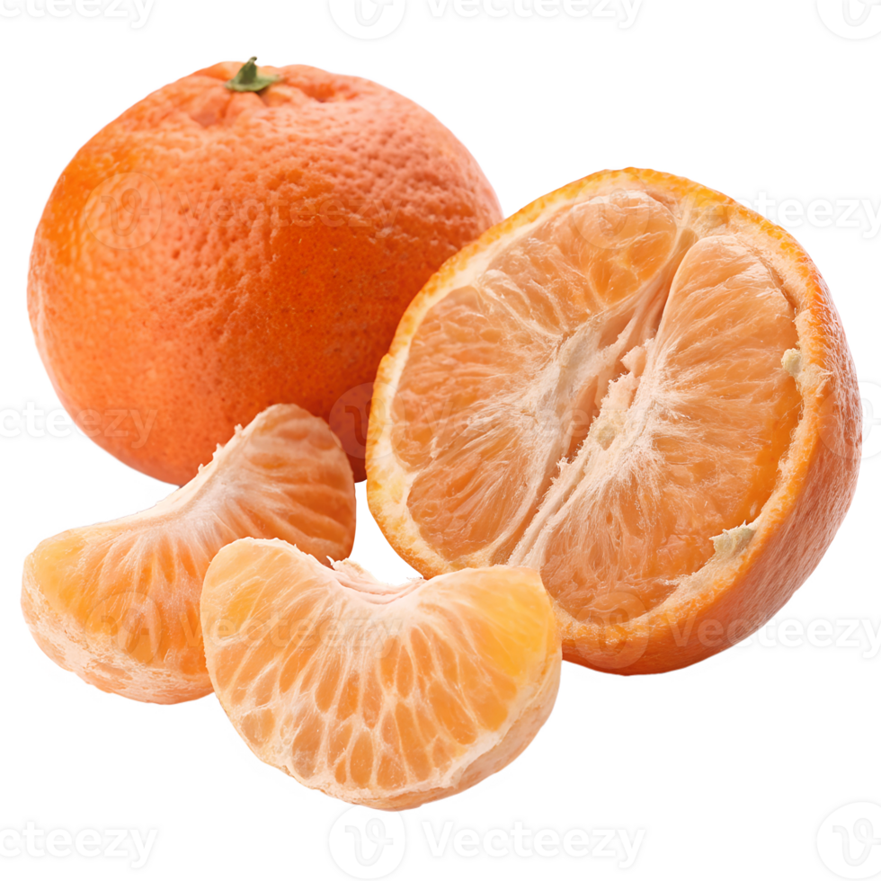 A whole mandarin orange with smooth, bright orange skin, displayed alongside a sliced section revealing the juicy, segmented interior png