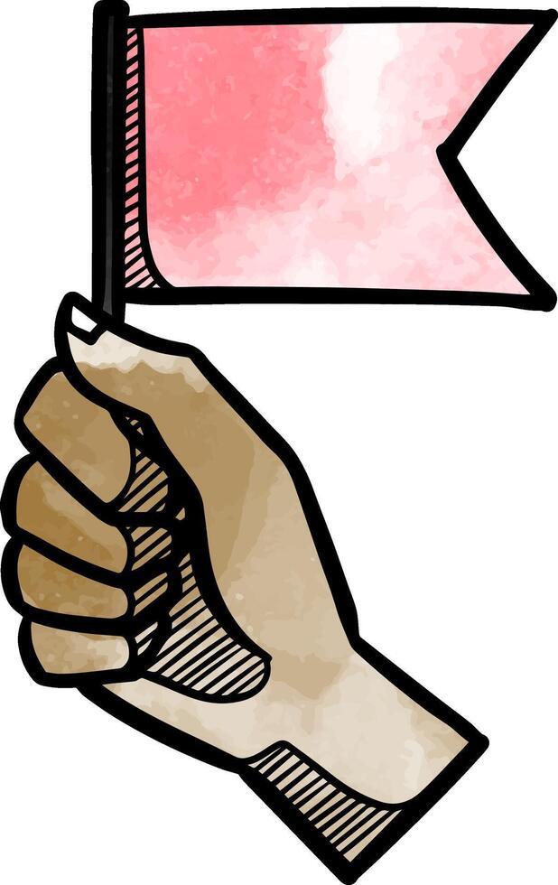 Hand holding small flag with copy space watercolor illustration vector