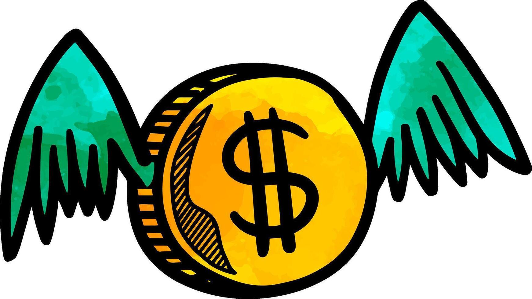 Flying coin icon hand drawn watercolor illustration vector