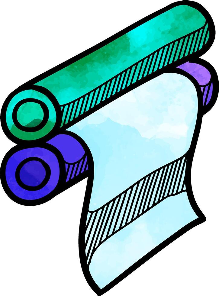 Printing roller icon in doodle sketch lines watercolor illustration vector