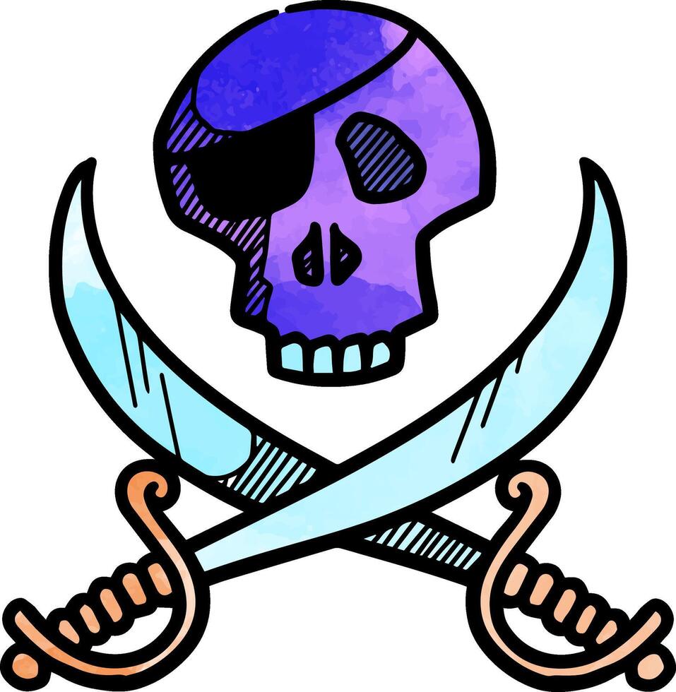 Skull and swords icon watercolor illustration vector