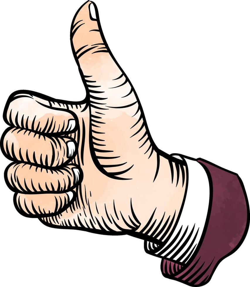 Thumb up hand in retro sketch watercolor illustration vector