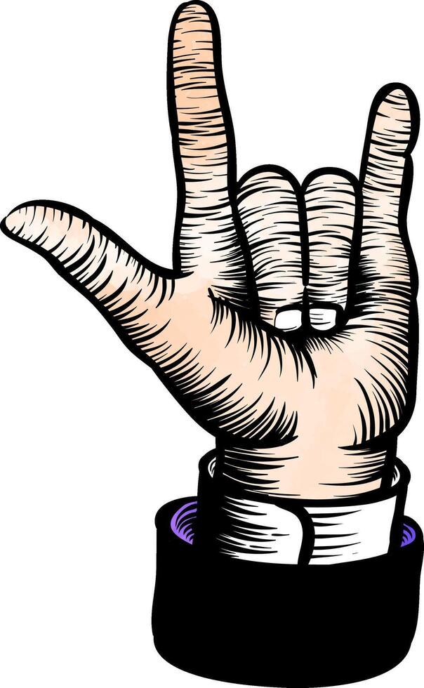 I love you finger gesture in woodcut drawing watercolor illustration vector