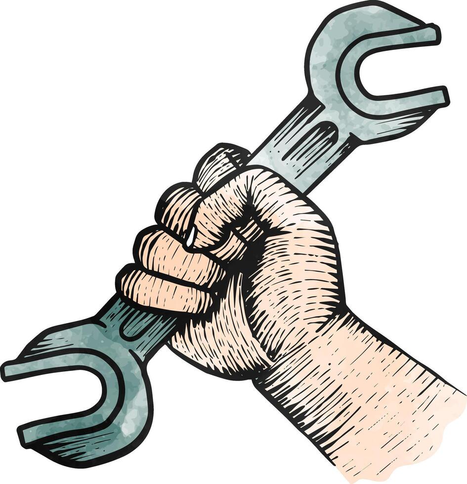 Hand holding spanner wrench watercolor illustration vector
