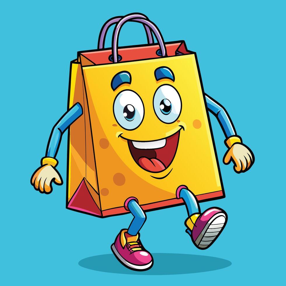 cartoon shopping bag character running with arms and legs vector
