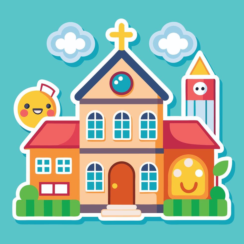 school building with happy face and school mascot vector