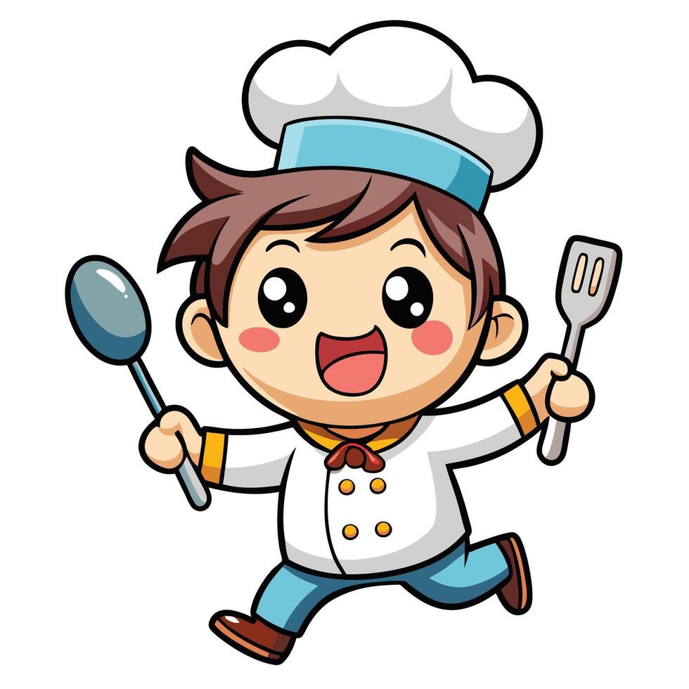 cartoon chef running with a spoon and fork vector