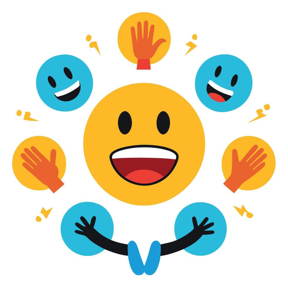 a smiley face surrounded by many hands and faces vector