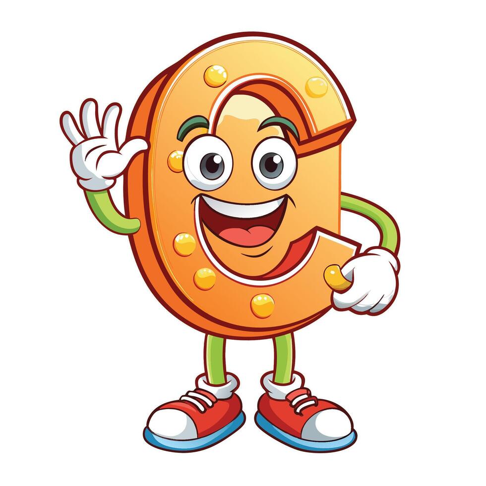a cartoon letter c character waving and vector