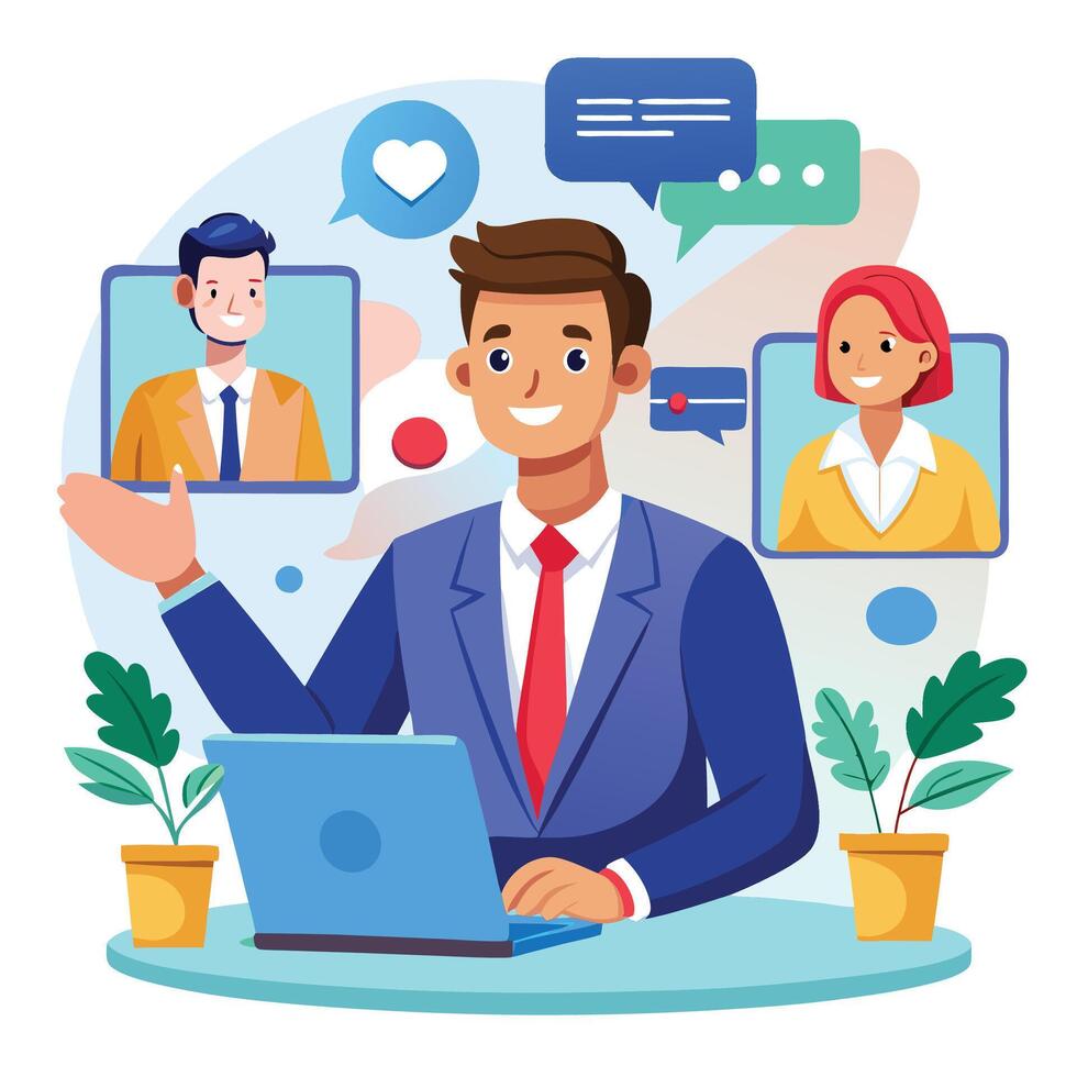 businessman with laptop and chat bubbles on the screen vector