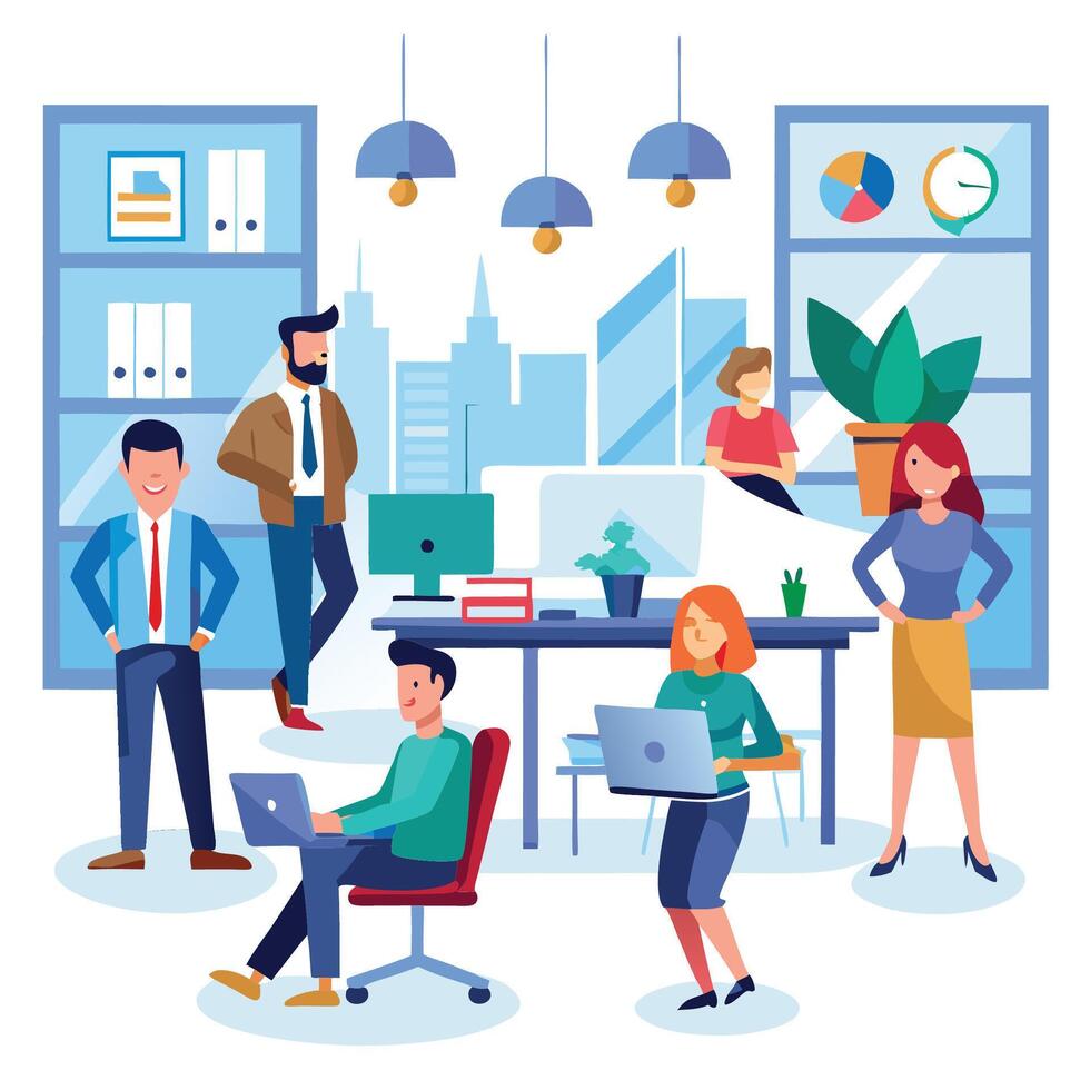 people working in an office with a city view vector