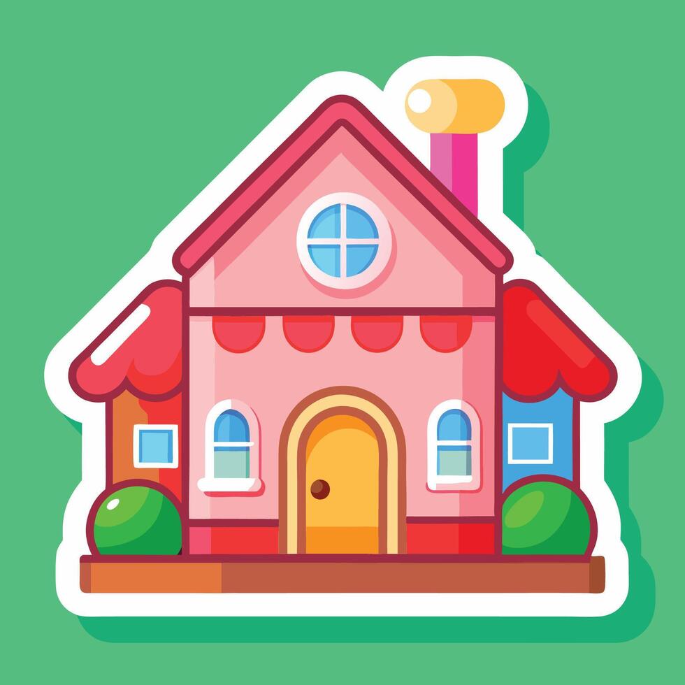 a cartoon house with a pink roof and windows vector