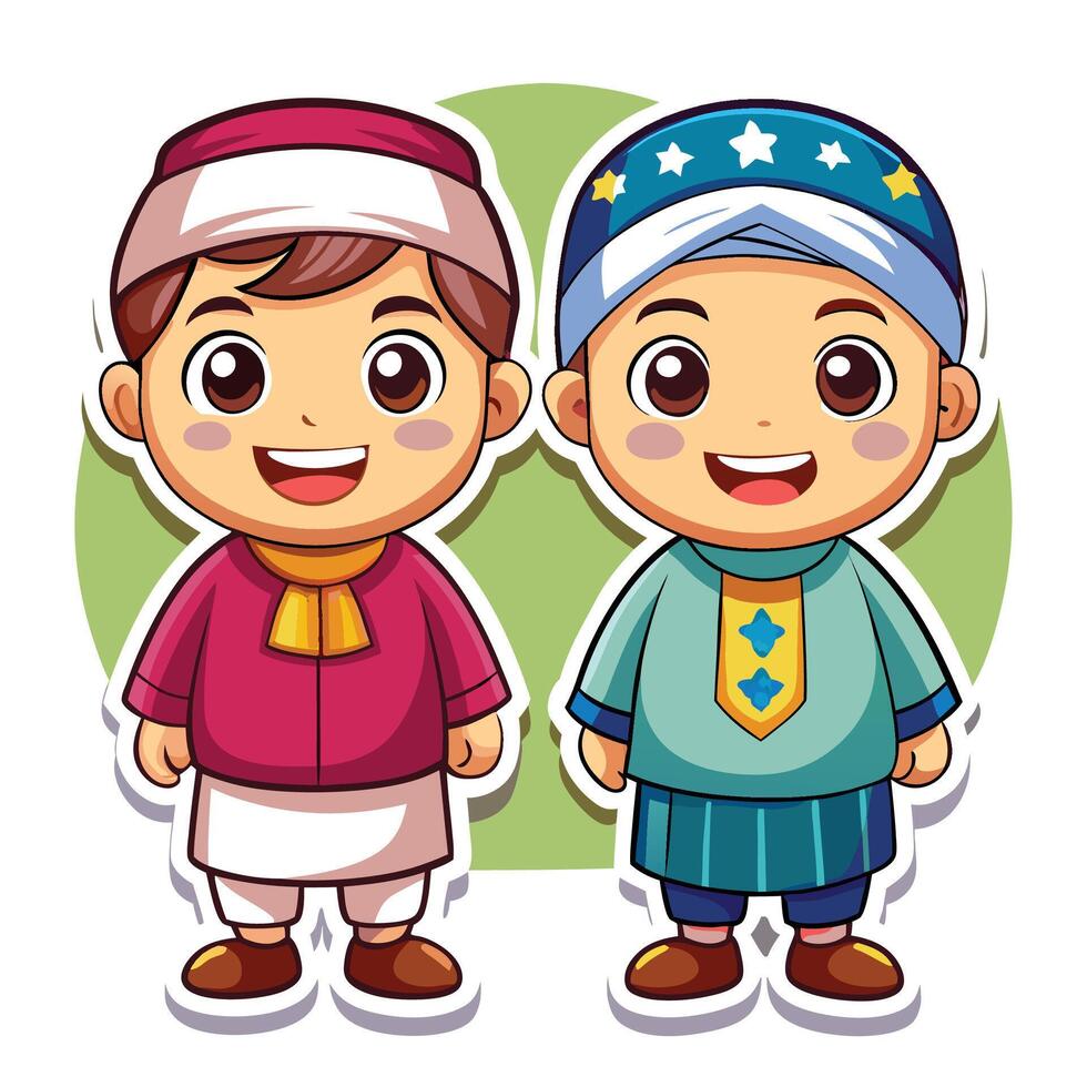 two cartoon muslim boys in traditional vector