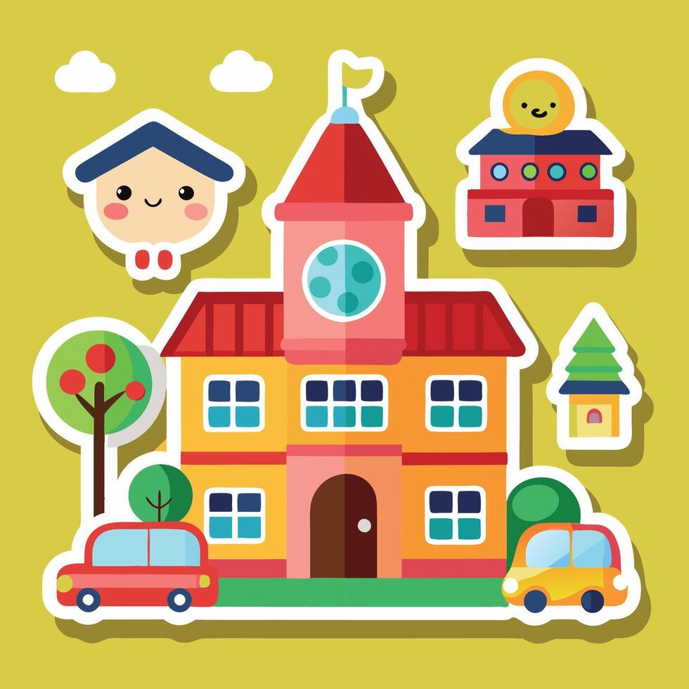 school building, school bus, school bus stop, vector