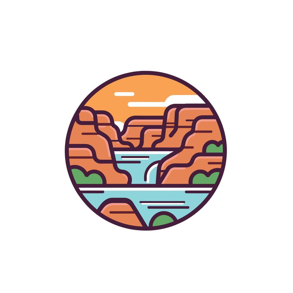 Canyon landscape with water flowing under sunset vector