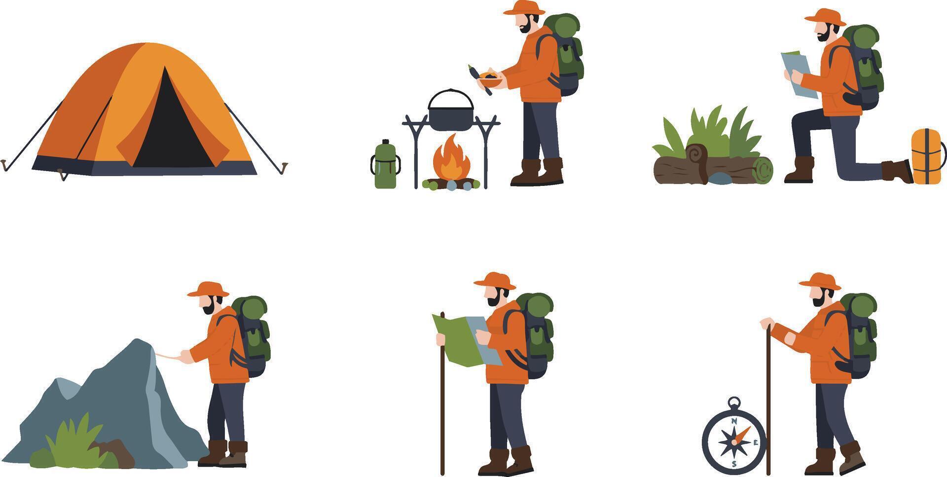 Backpacker Hiking and Camping Scenes vector