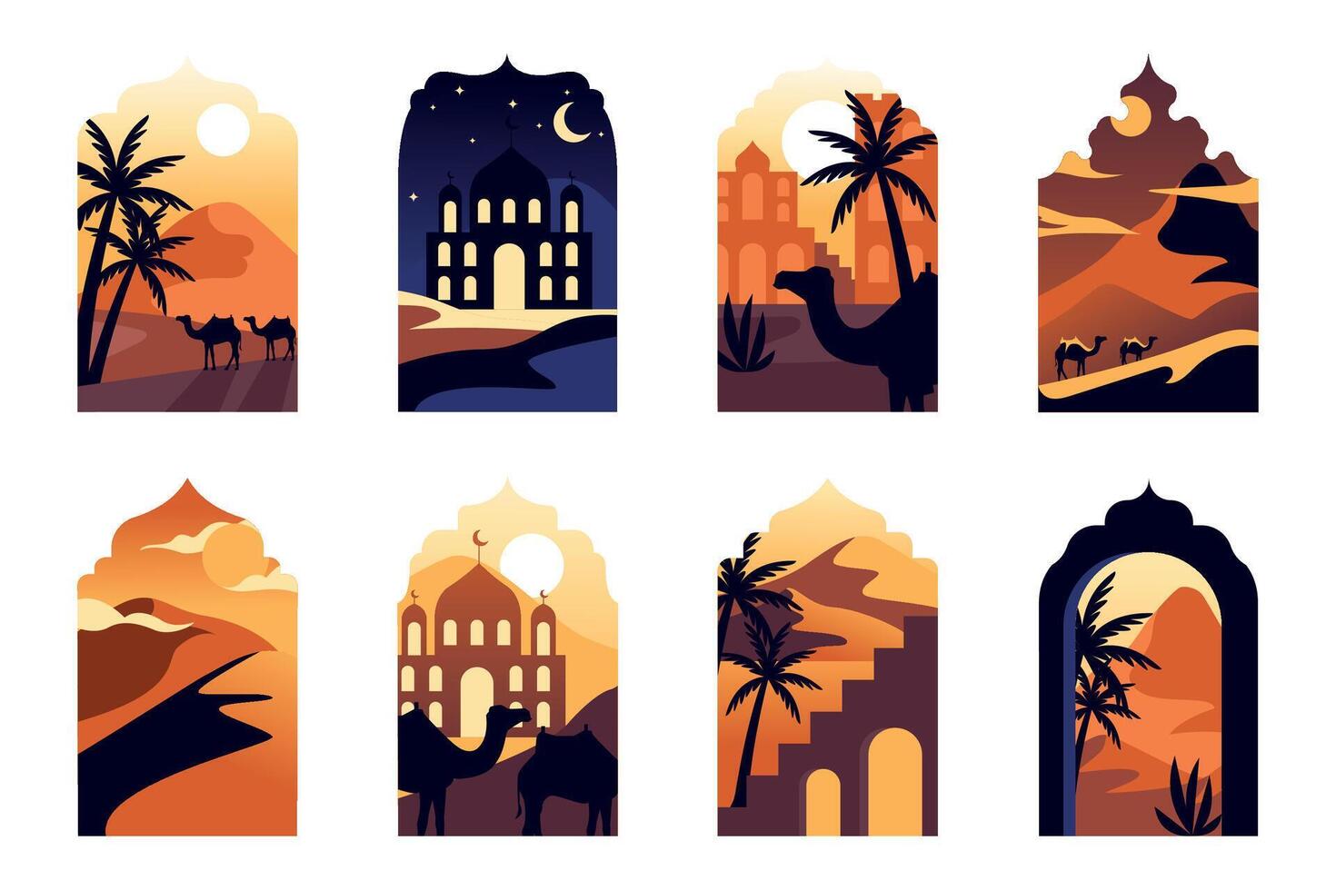 Islamic frame landscape. Modern arabic background with Islam mosque dome and minaret, Islamist oriental architecture boho landscape. illustration vector