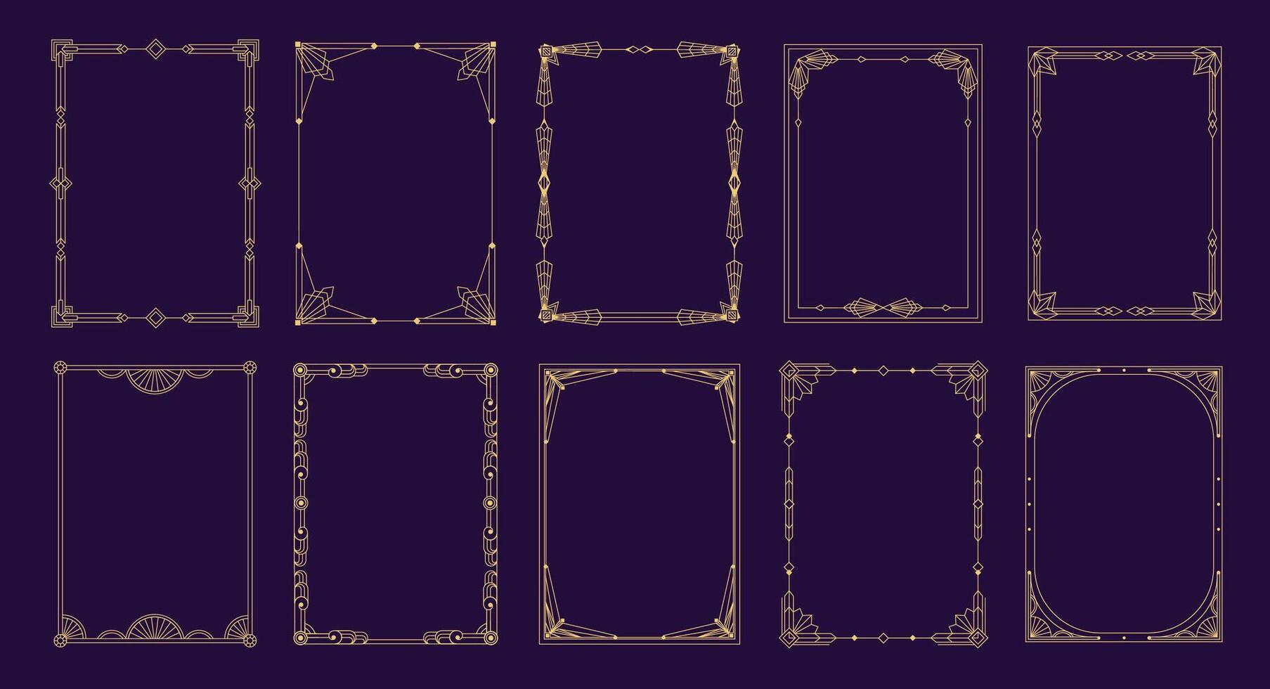 Art deco frames. Geometric modern border design elements, elegant minimalistic decorative lines for wedding invitation card and luxury cover. set vector
