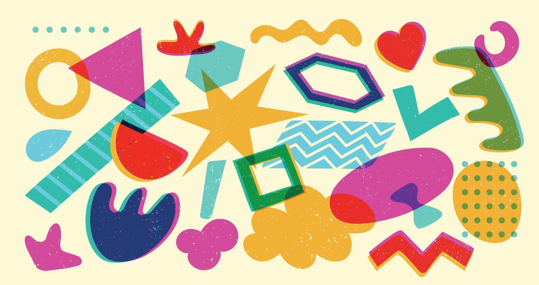 Geometric risograph forms. Abstract minimal primitive shapes with halftone texture, modern bauhaus brutalism figures. graphic set vector