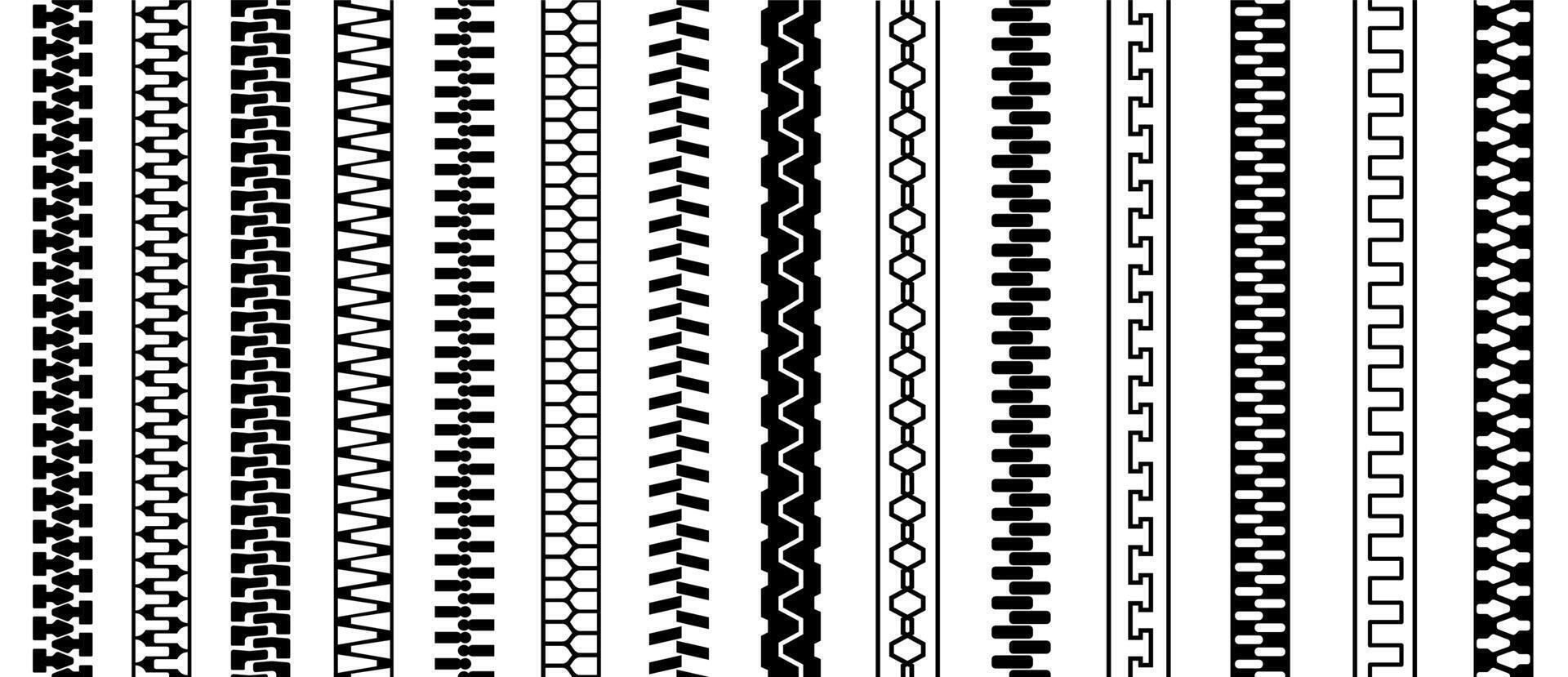 Zippers set. Seamless patterns with zipper teeth, doodle sewing fastener icons, cartoon black elements for clothing design. isolated collection vector