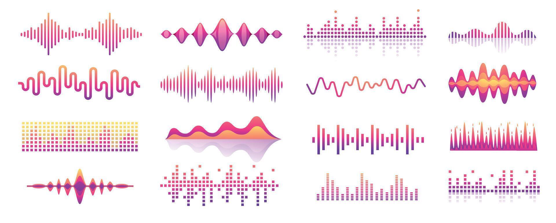 Sound waves. Audio music rhythm wave pulse, voice signal level bar, song waveform graphic icons. volume noise beat waveforms isolated set vector