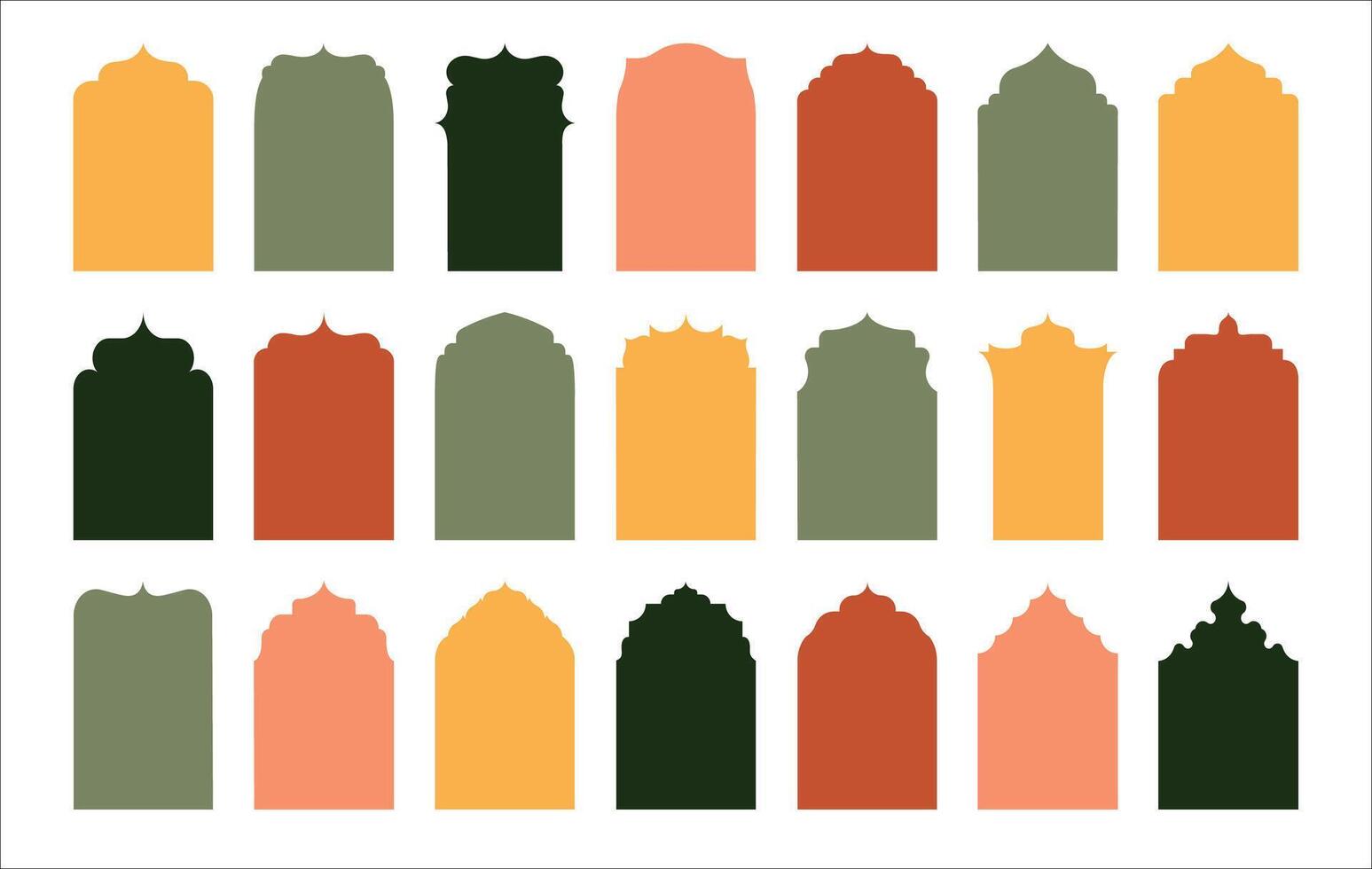 Islamic door silhouette. Oriental arabic mosque window frames, abstract islam arabian boho arch geometric shapes with arabesque decoration. collection vector