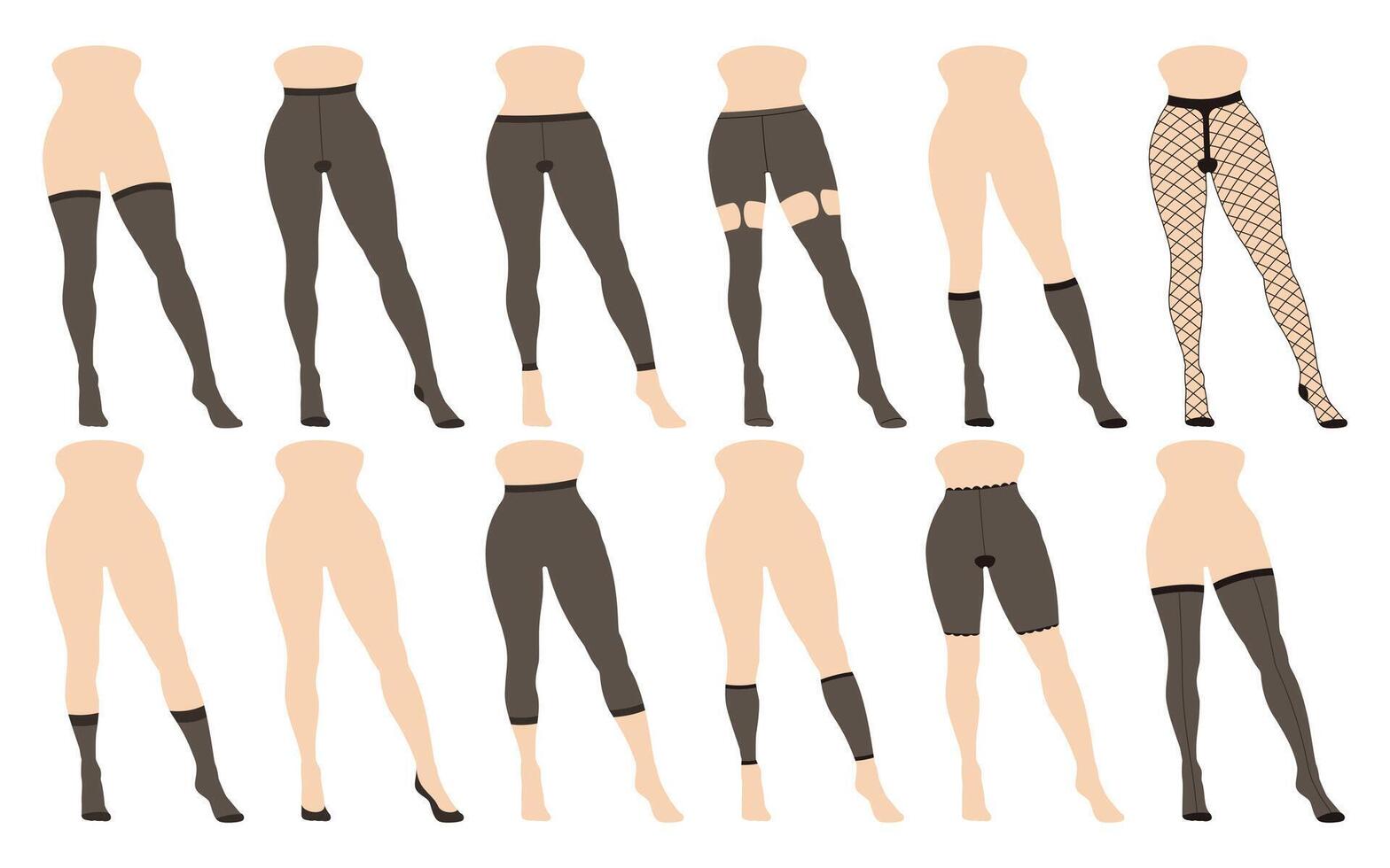 Woman hosiery. Female tights, sexy lingerie stockings pantyhose tights, girl seductive stocked leg wearing fashion dance-tights. isolated set vector