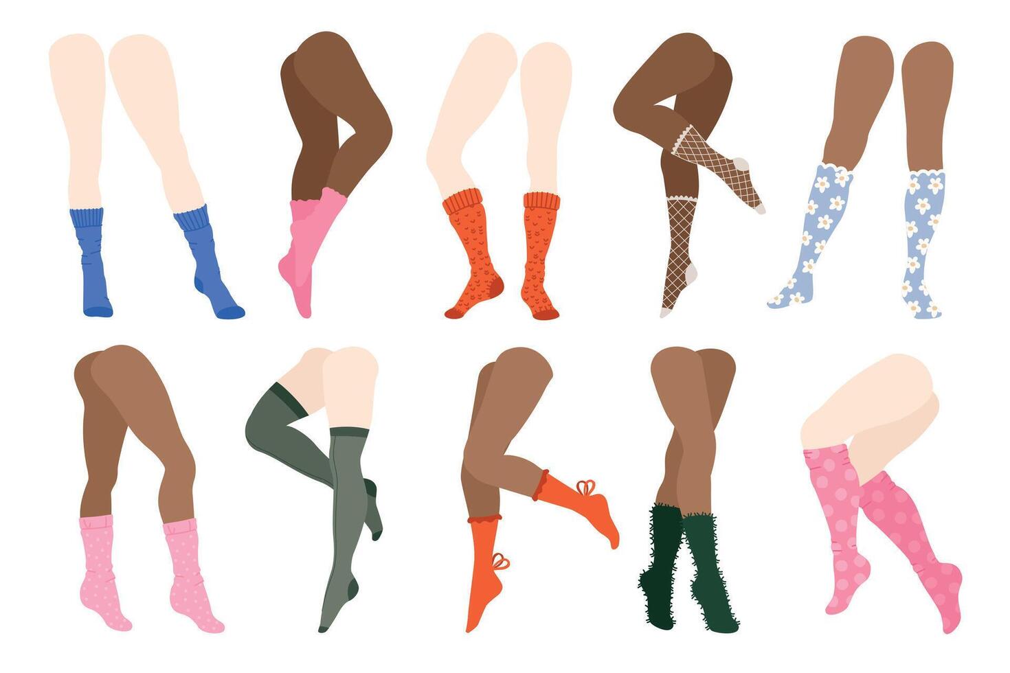 Legs in socks. Woman feet in yarn sock, fashionable warm cotton hosiery, girl legs in trendy winter socklets. colorful sock set vector