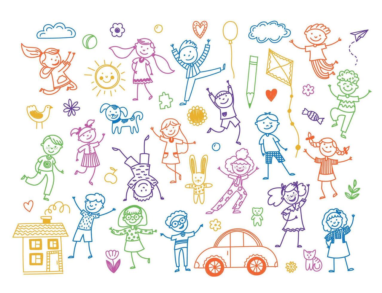 Sketchy happy kids. Cute doodle children playing and having fun, childhood emotions concept, funny boys and girls scribble pencil drawing. isolated set vector