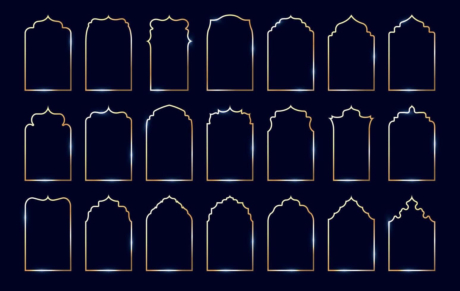 Golden Indian frame. Goldwork luxury decorative goldish borders, golden arabesque oriental gild patterns, elegant islamic window and door shapes collection. set vector