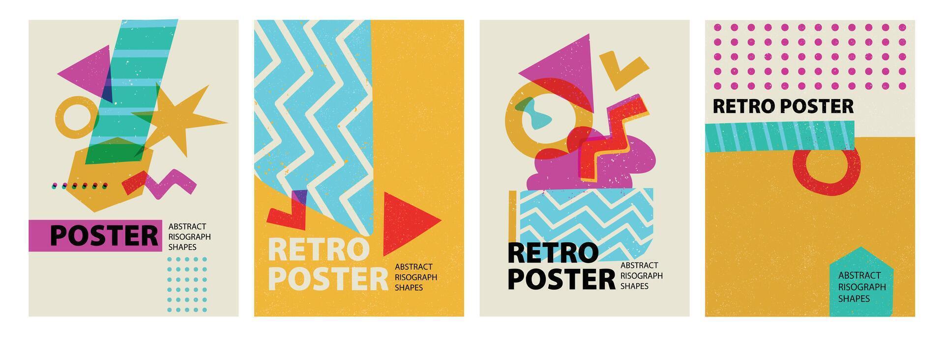Abstract risograph posters. Modern riso print design with minimal geometric shapes, creative banner layout for magazine cover, brochure, flyer. set vector