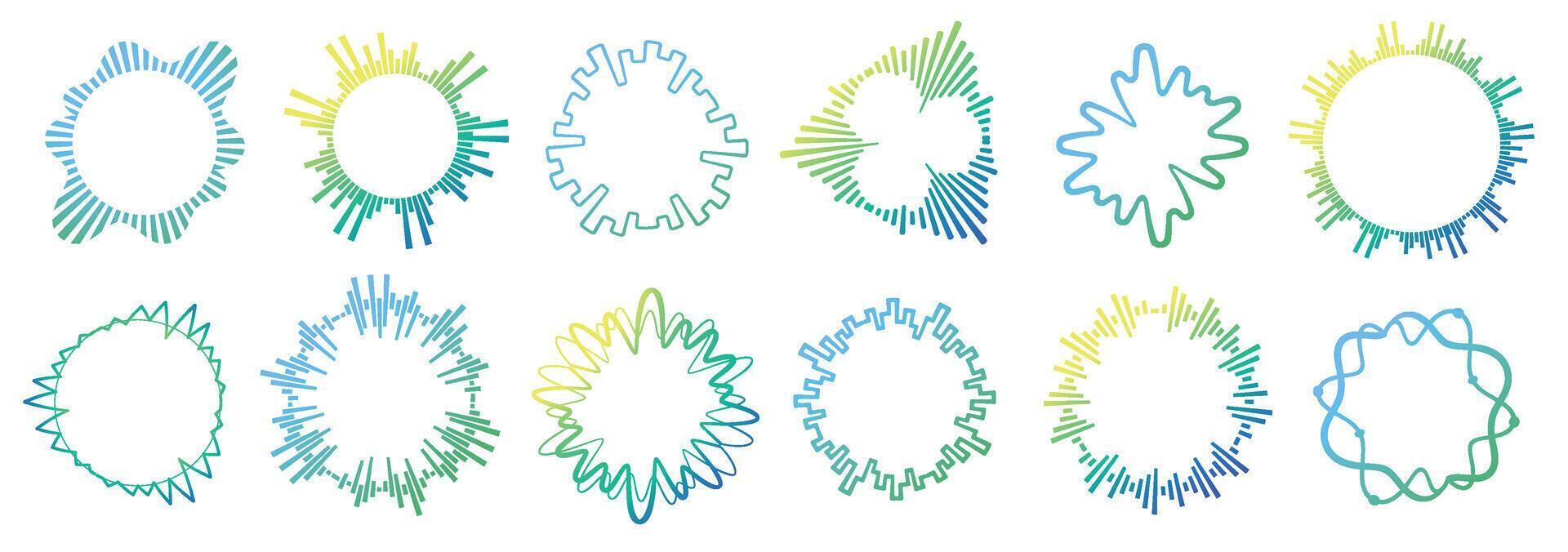 Music circle sound wave. Audio signal circular waveforms, voice and music spectrum round shapes, sound effect elements. isolated set vector