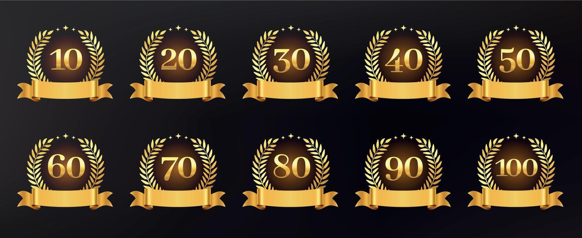 Golden anniversary sign. Celebrate 10, 20, 30, 40, 50, 60, 70, 80, 90, 100 years jubilee with gold laurel wreath and ribbon. numbers set for birthday greeting card vector