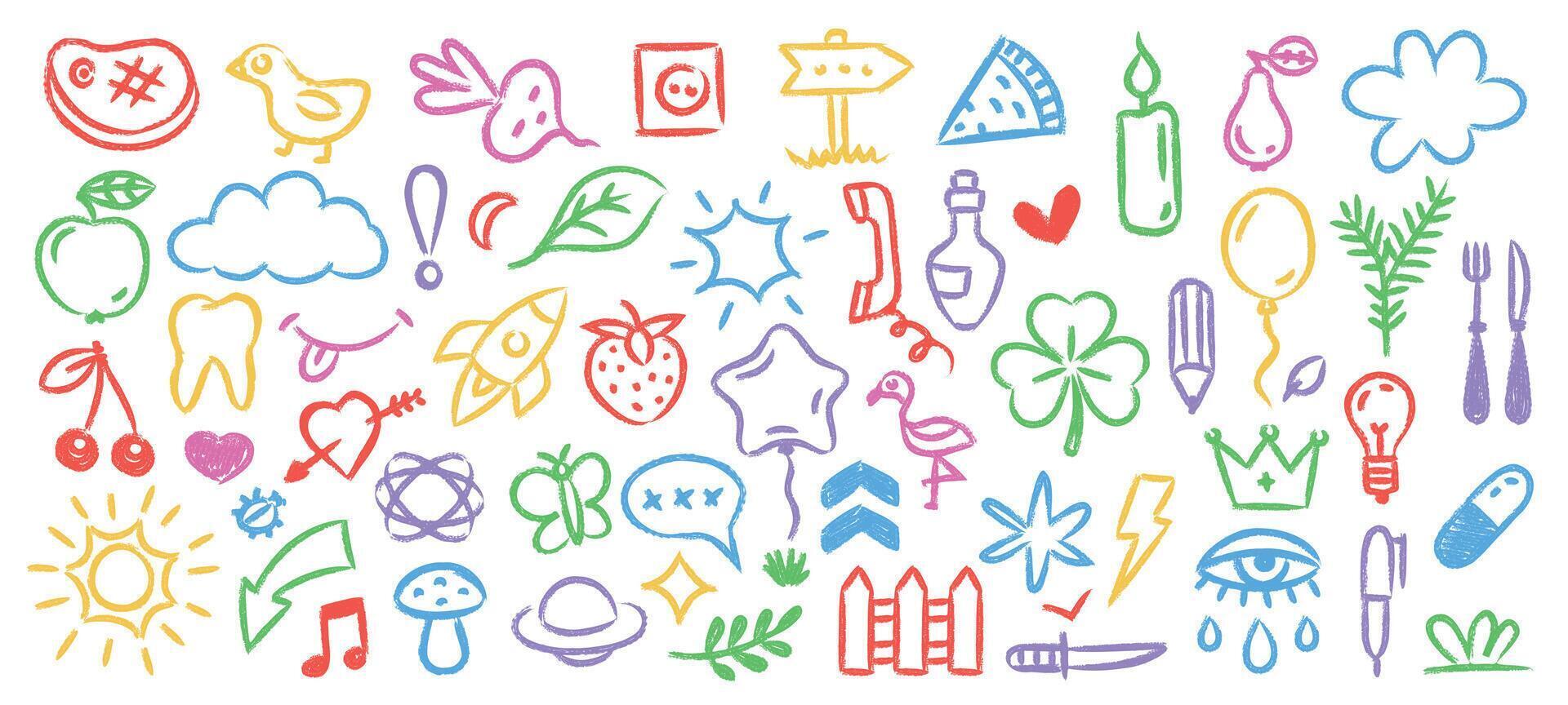 Kids charcoal doodles. Colorful childish crayon pencil cute scribbles, funny kindergarten squiggle elements drawn with chalk. children graphics isolated set vector