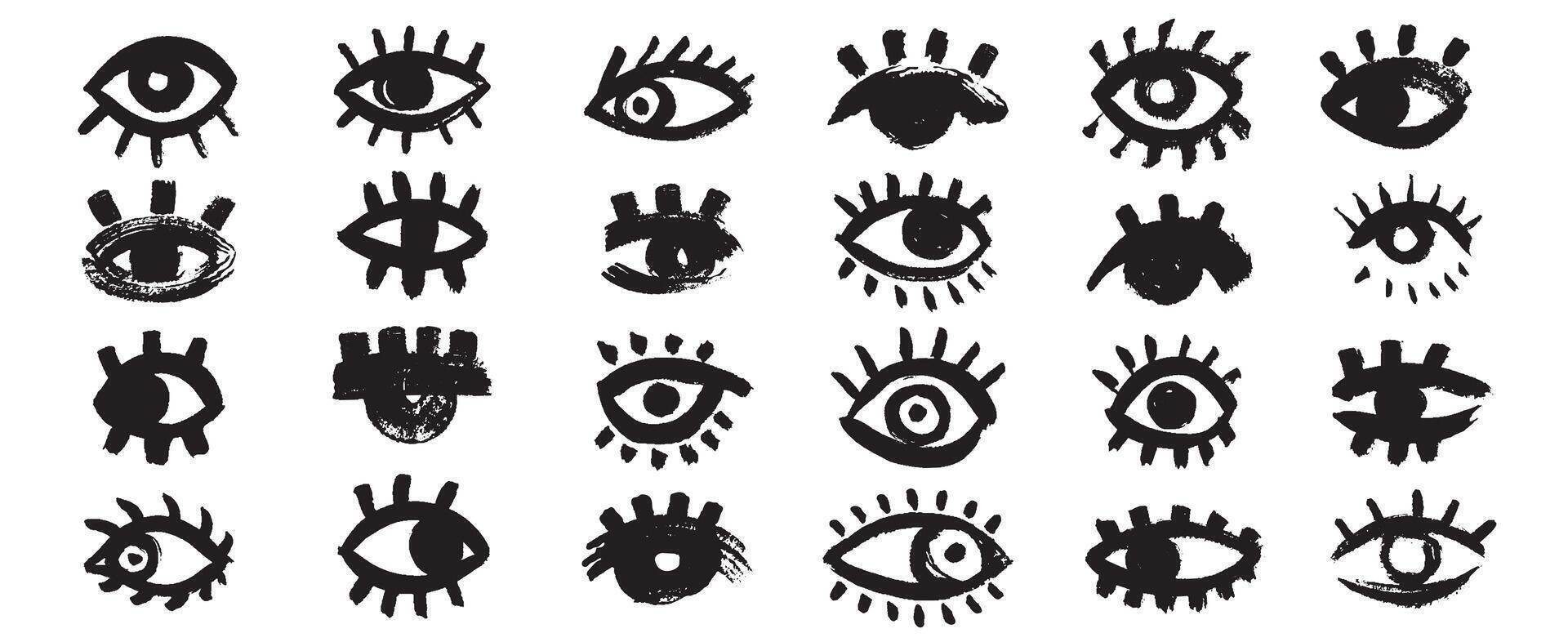 Bold brush eyes. Doodle eye icons, geometric simple mystic human eyeball brush abstract shapes, creative retro hand drawn brushstroke elements. isolated set vector