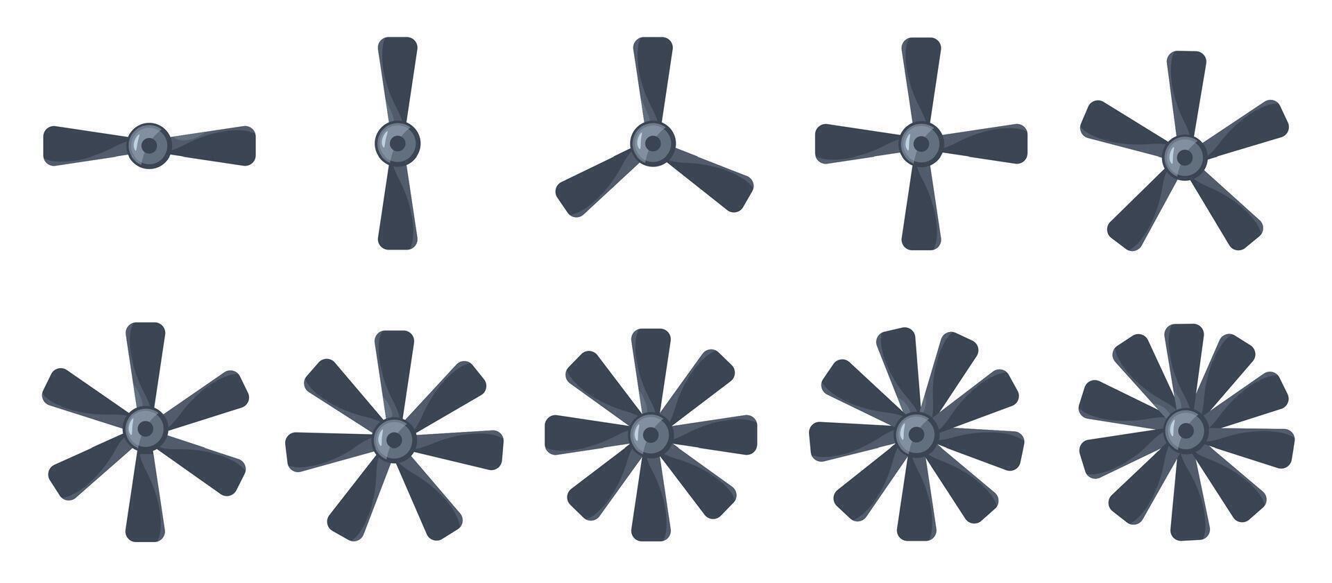 Plane propeller. Aircraft engine rotor blades, mechanical machine turbine fan, aviation transport equipment, flat isolated icons. set vector
