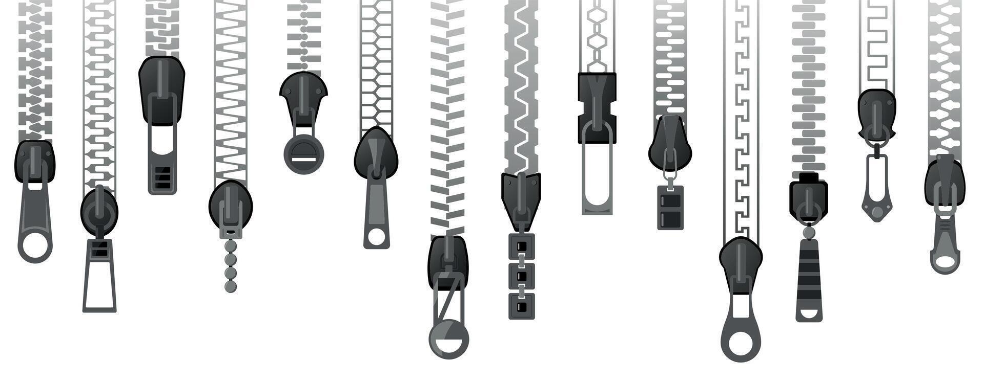 Zipper lock. Open and closed textile fastener with pull tab, sewing tailoring clothing accessories, fashion elements for apparel design. isolated set vector