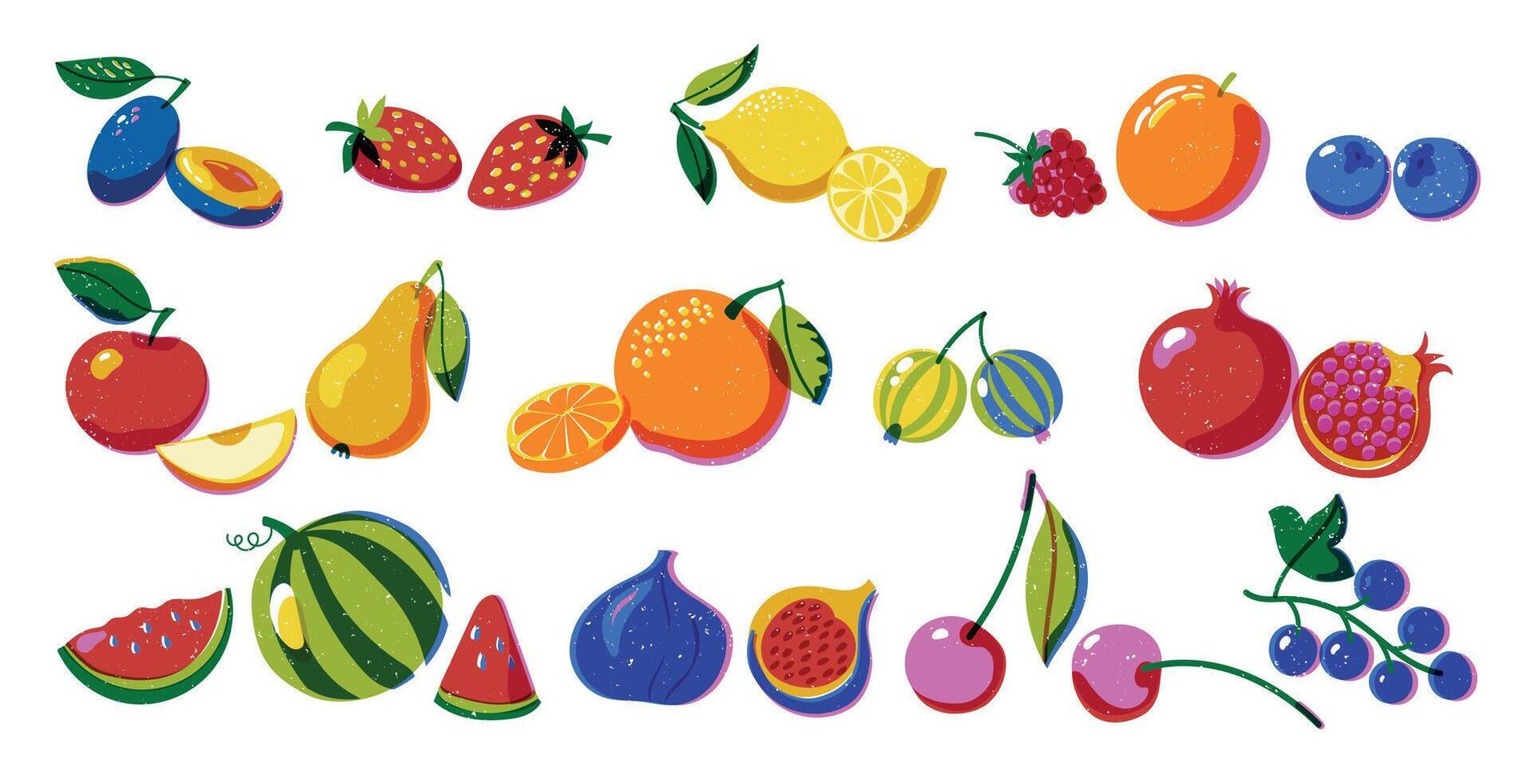 Riso print fruits. Retro botanical berry and fruit stamps, vintage plum apple strawberry lemon watermelon icons. isolated collection vector