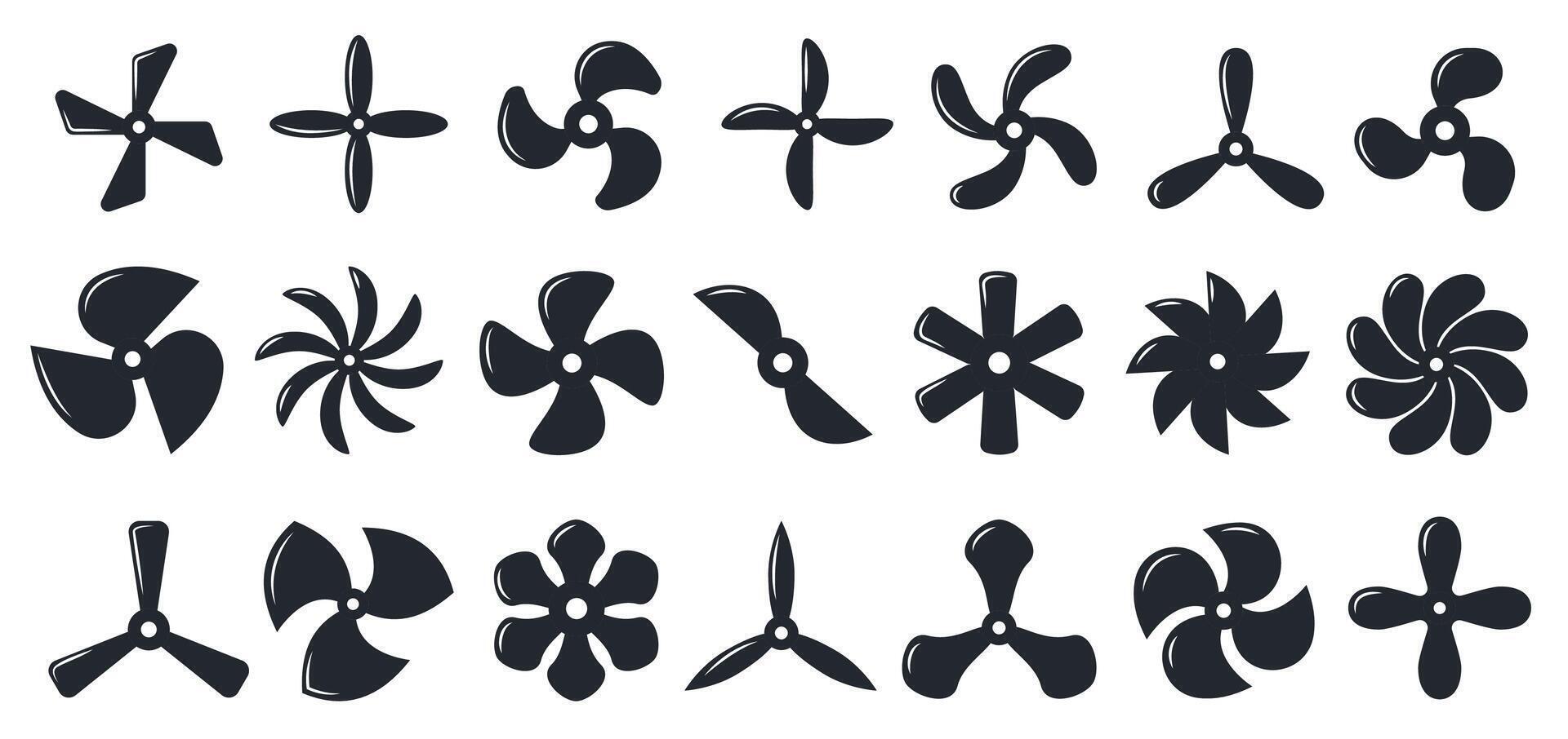 Boat propeller icons. Aircraft turbine rotor, ship marine engine screw, industrial ventilation blower, nautical aviation silhouette symbols. isolated set vector