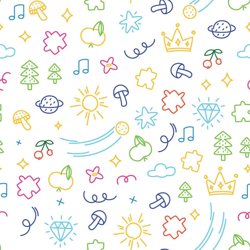 Kids scribble pattern. Seamless print of child hand drawn sketch elements, abstract minimal geometric doodle shapes. texture vector