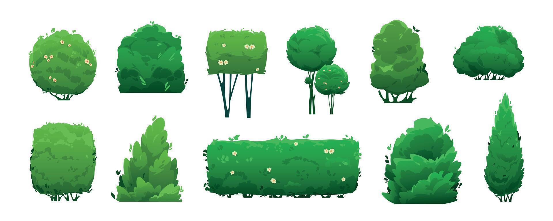 Shaped garden bushes. Cartoon green hedge shrub, ornamental park plant border, landscape decorative flora elements. isolated set vector