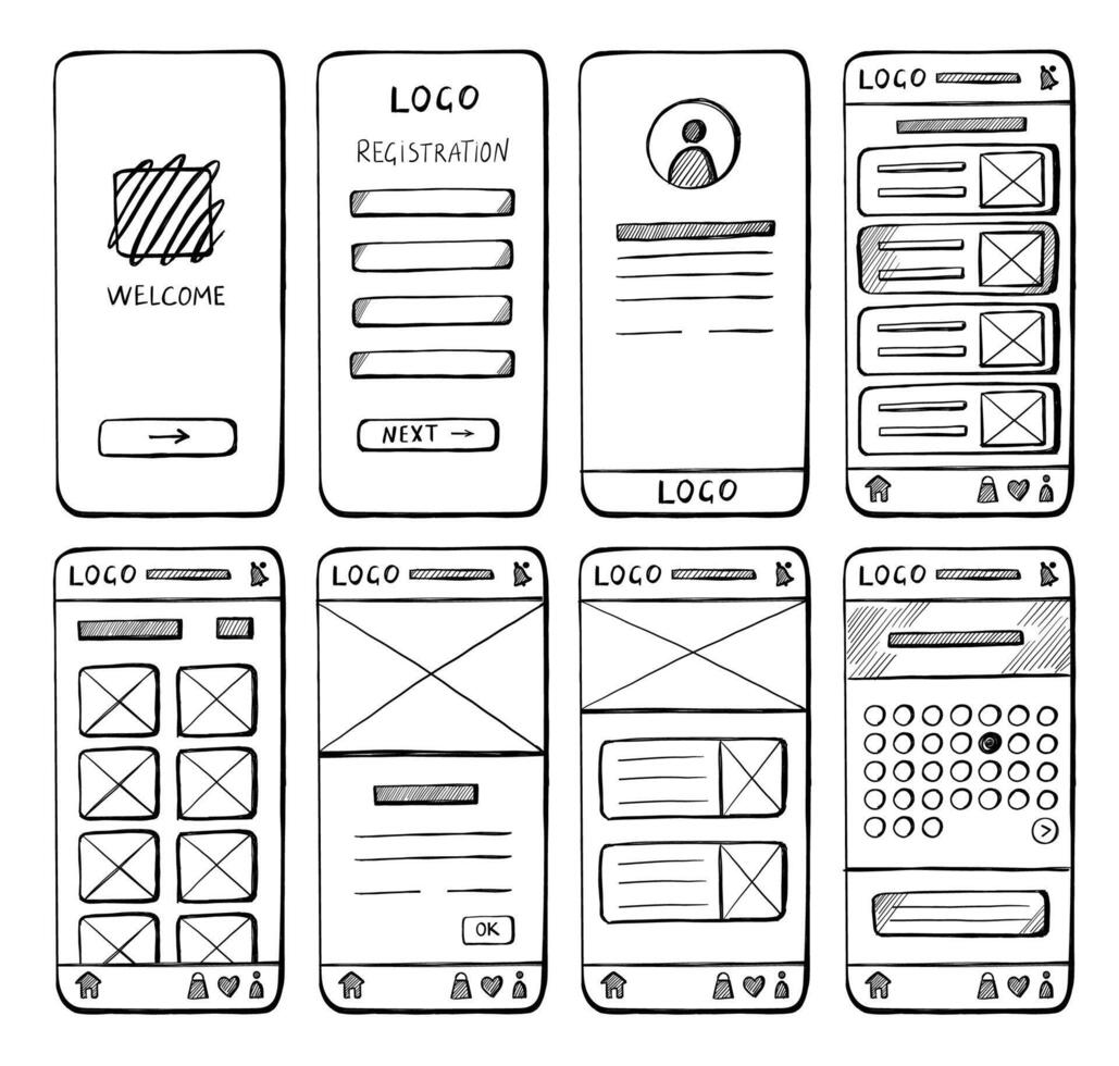 Hand drawn mobile website layout. Sketch pencil doodle UI elements for web site, simple wireframe page templates with buttons and arrows. graphic vector