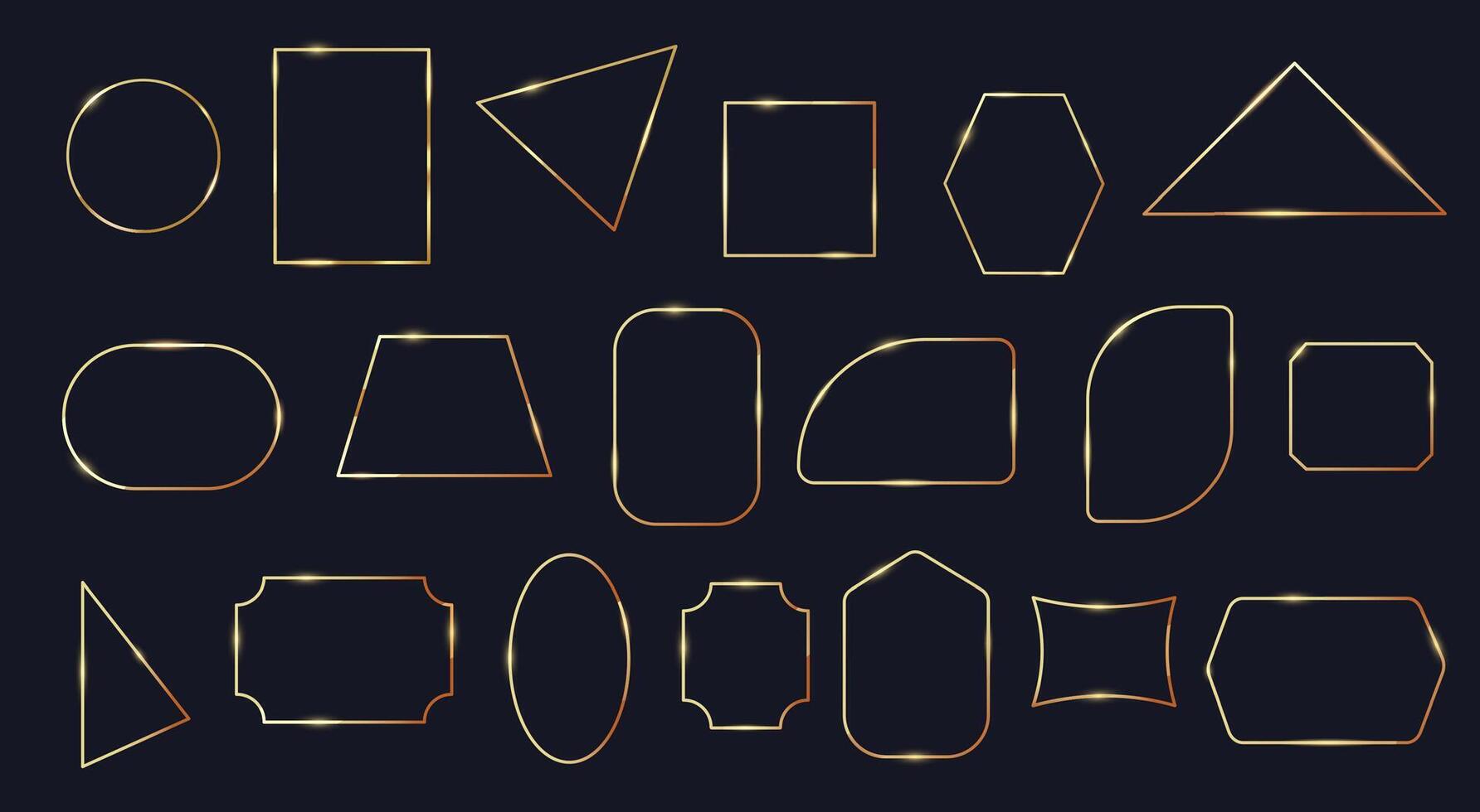 Line golden frames. Simple thin luxury borders, elegant square rectangle oval round geometric shapes with golden gradient. collection vector