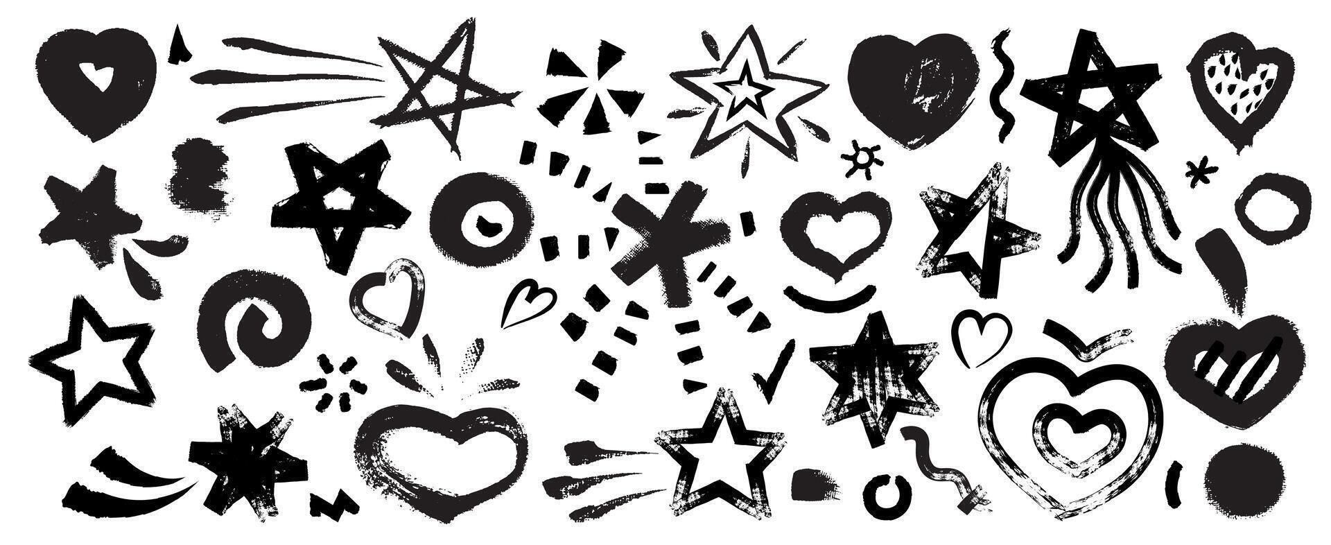 Doodle stars. Hearts graffiti, star abstract hand drawn, heart grunge sketch love elements, simple brush stroke cosmic and wedding icons brushy shapes. isolated set vector