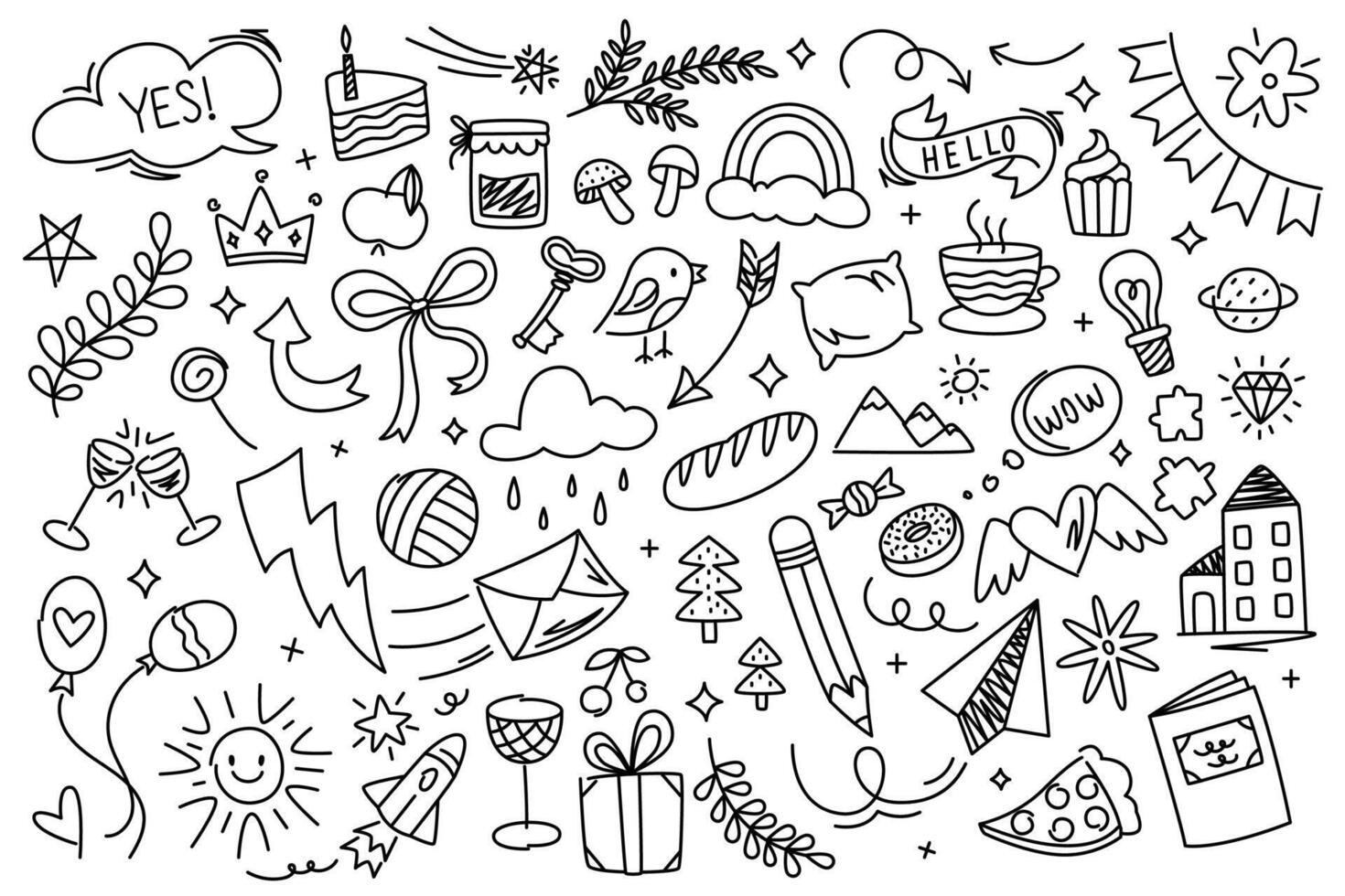 Cute kid doodle. Childish abstract elements and funny characters, hand drawn baby scribble icons. childish elements isolated collection vector