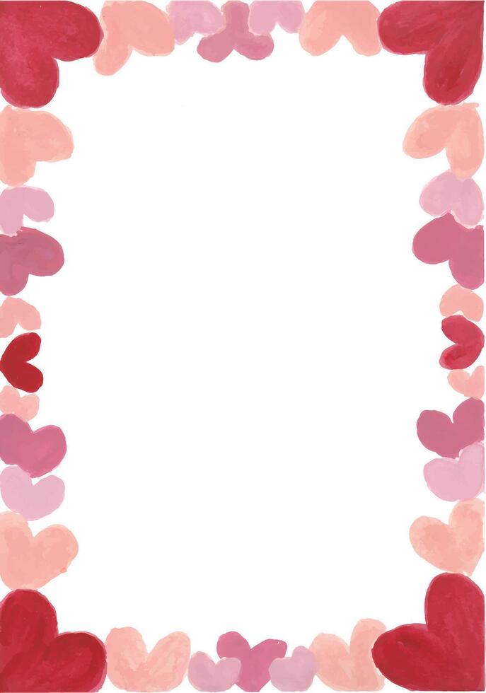 a watercolor heart border frame with pink and red hearts vector