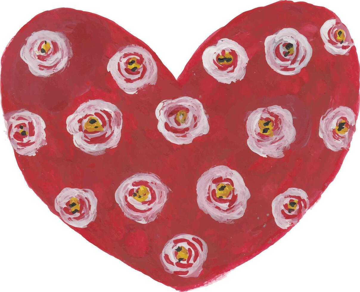 a painting of a red heart with white flowers vector