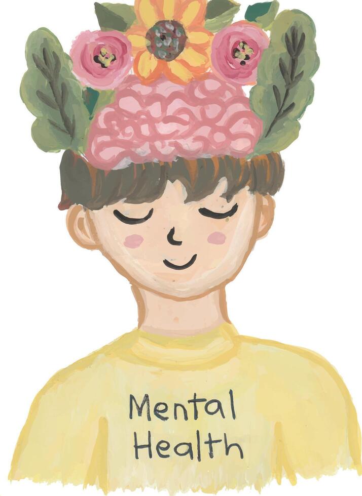 a cartoon boy with flowers in his head and the words mental health vector