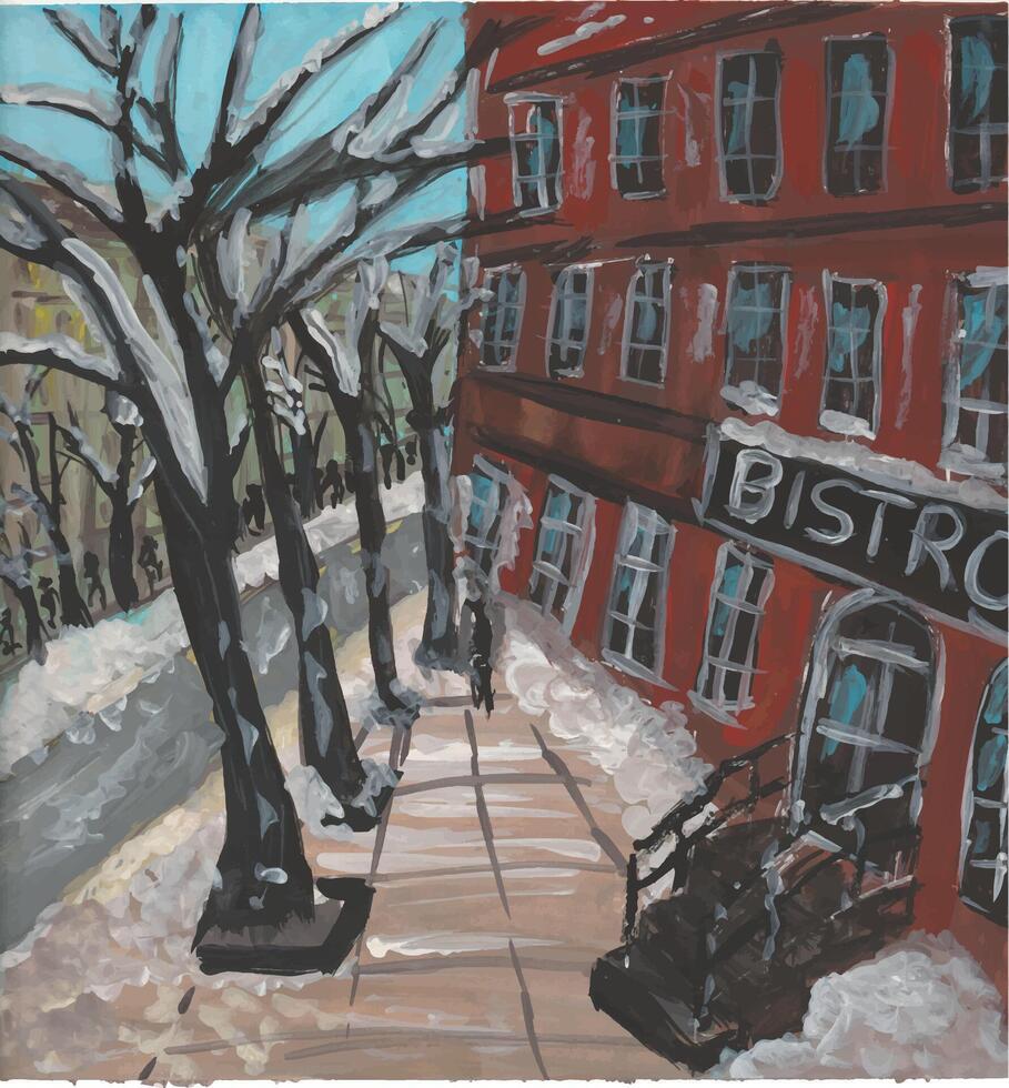 a painting of a street in the winter with trees and buildings vector