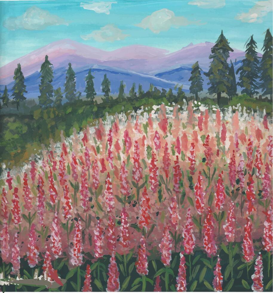 a painting of pink flowers in a field with mountains in the background vector